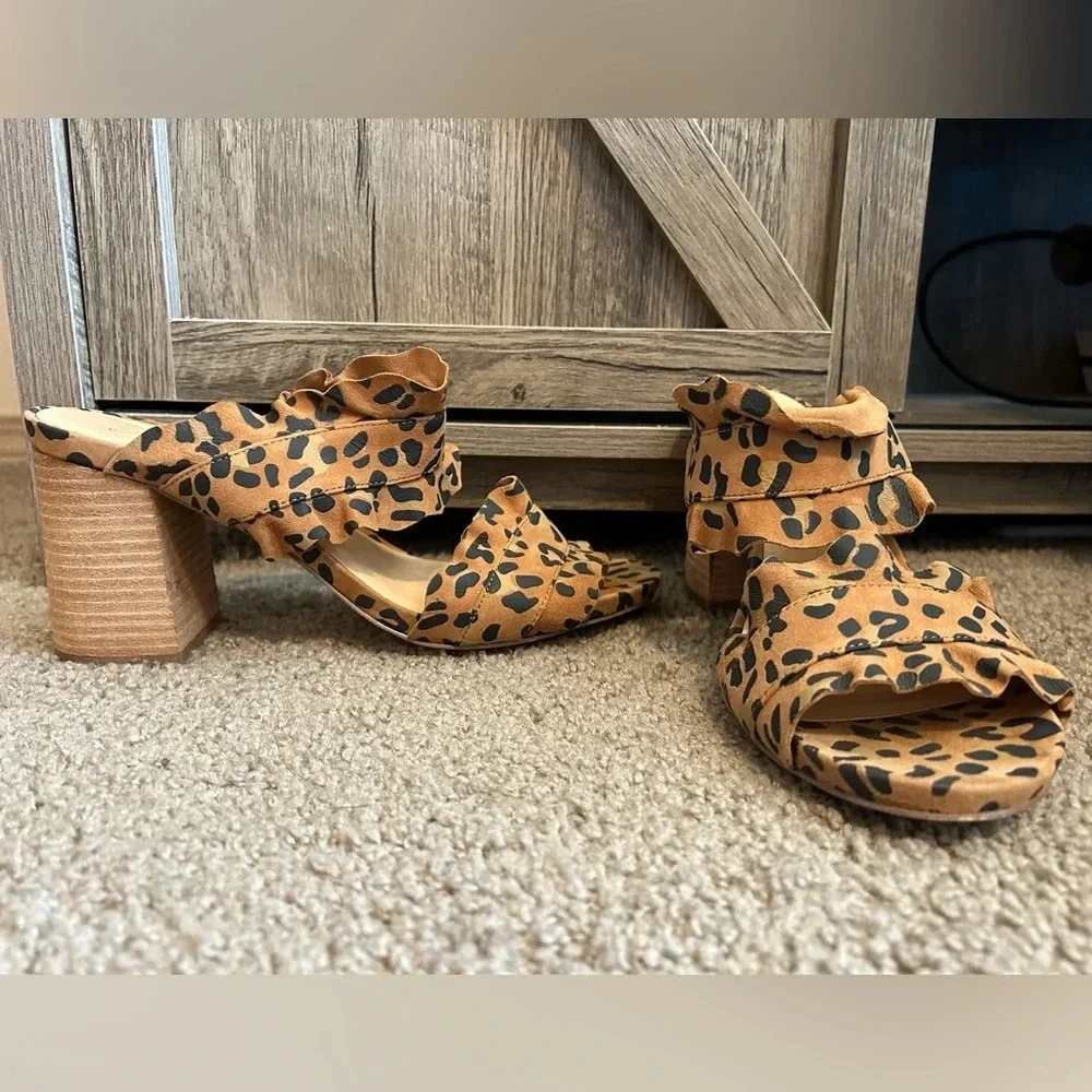 Leopard Print Ruffle Strap Block Heel Mules - Brown - Picture 2 of 13